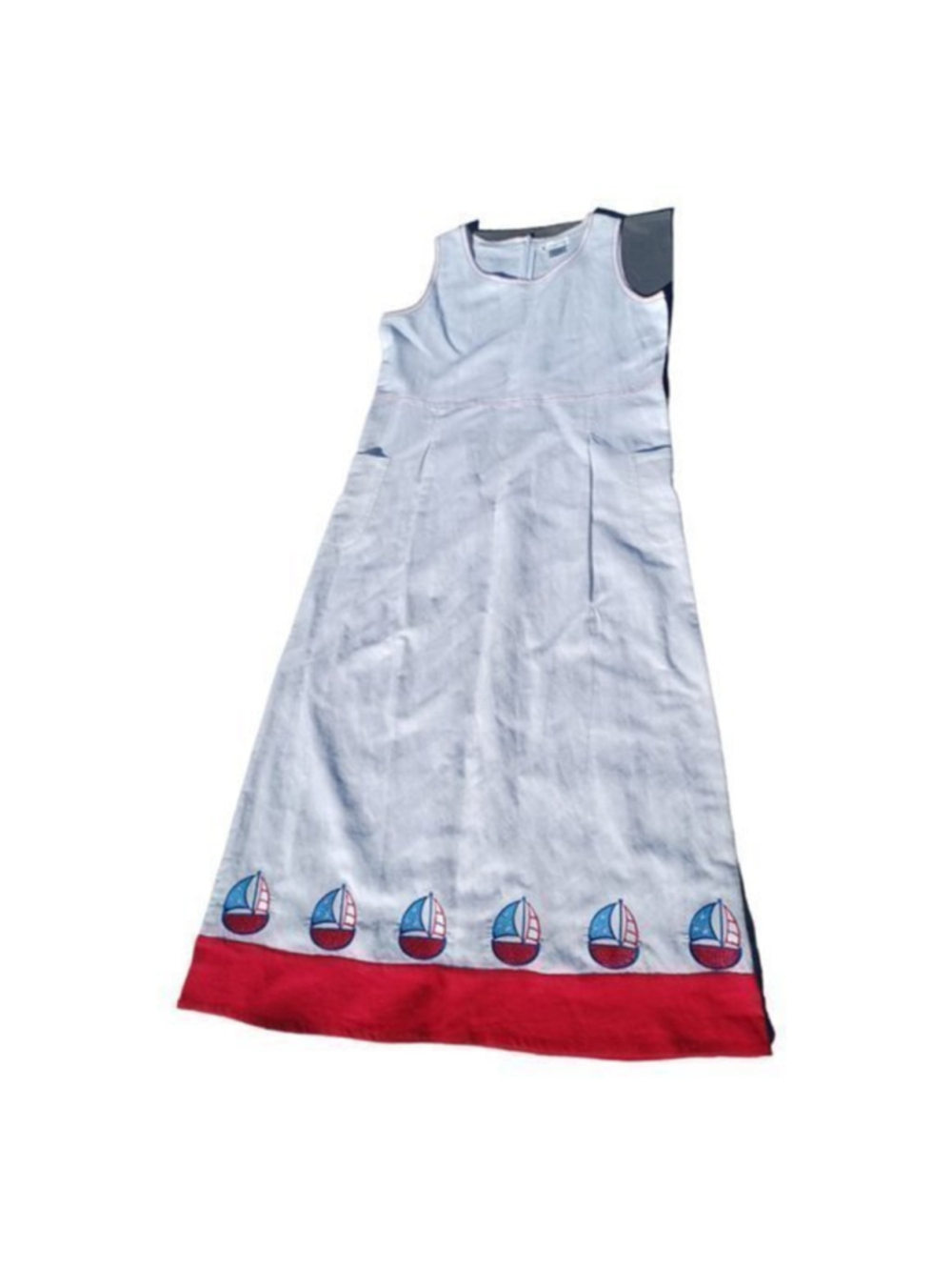Vintage Linen Pebble Brook Midi embroidered Sailboat Dress M